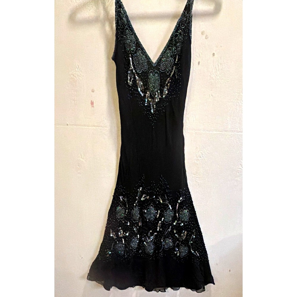 Papell Boutique Sz 6 Black Silk Chiffon Beaded Sequin V-Neck Sheath Dress